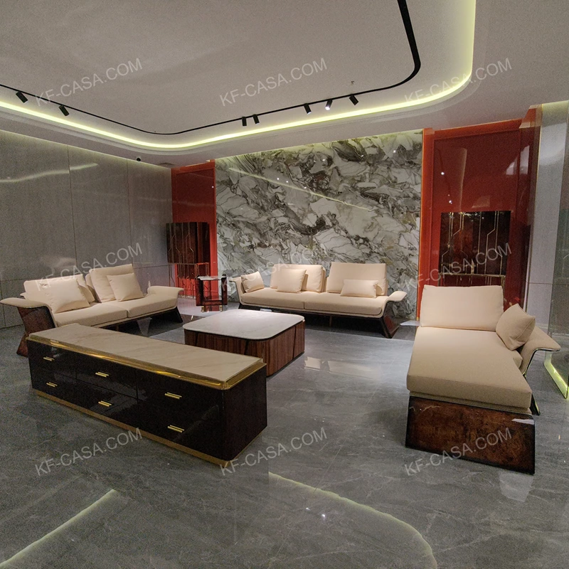 Luxury Light Beige Fabric Reclining Sofa Set with Natural Wood Veneer Armrests & Solid Wood Base